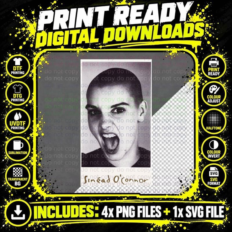 Sinead O-Connor Portrait T-Shirt, Black and White 90S Png SVG Digital Bundle