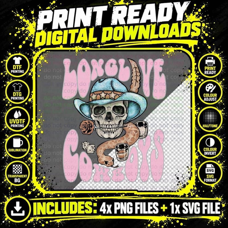 Snake Cowboy Skull T-Shirt, Retro Western Print Png SVG Digital Bundle