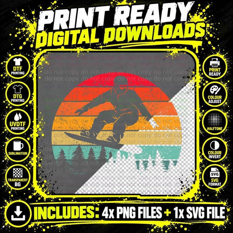 Snowboarding Vintage Sunset Winter Sports Alpine Png SVG Digital Bundle