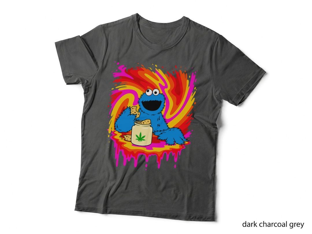 Special Cookies Cartoon T-Shirt, Blue Monster with Weed Jar, Retro Psychedelic