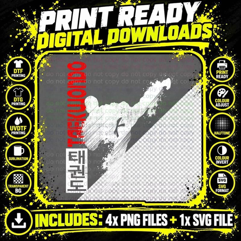 Taekwondo Martial Art - Distressed Style Kick T-Shirt Png SVG Digital Bundle