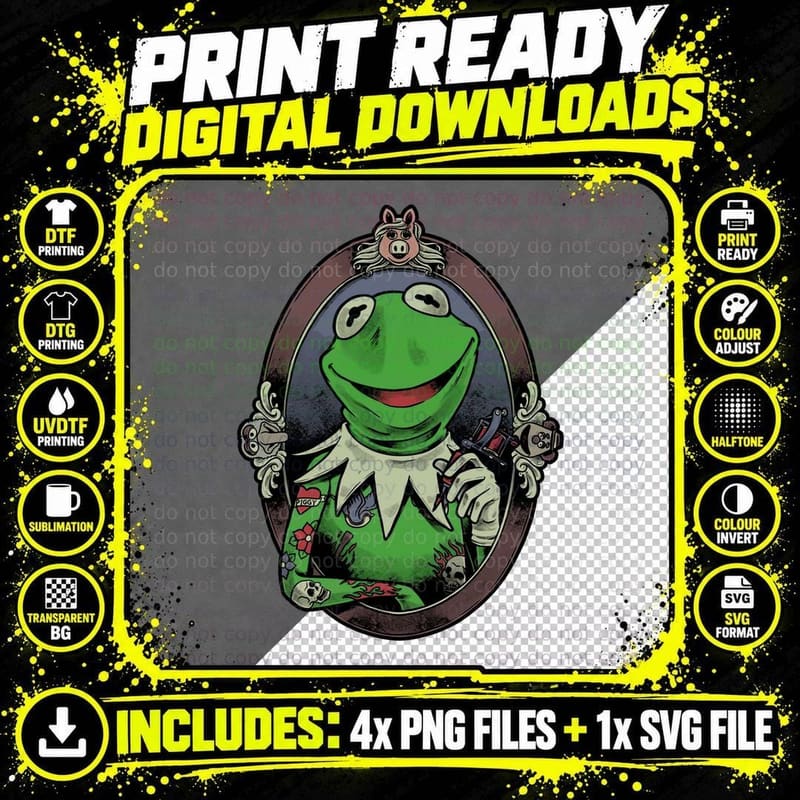 Tattooed Kermit T-Shirt, Vintage Retro Tee Png SVG Digital Bundle