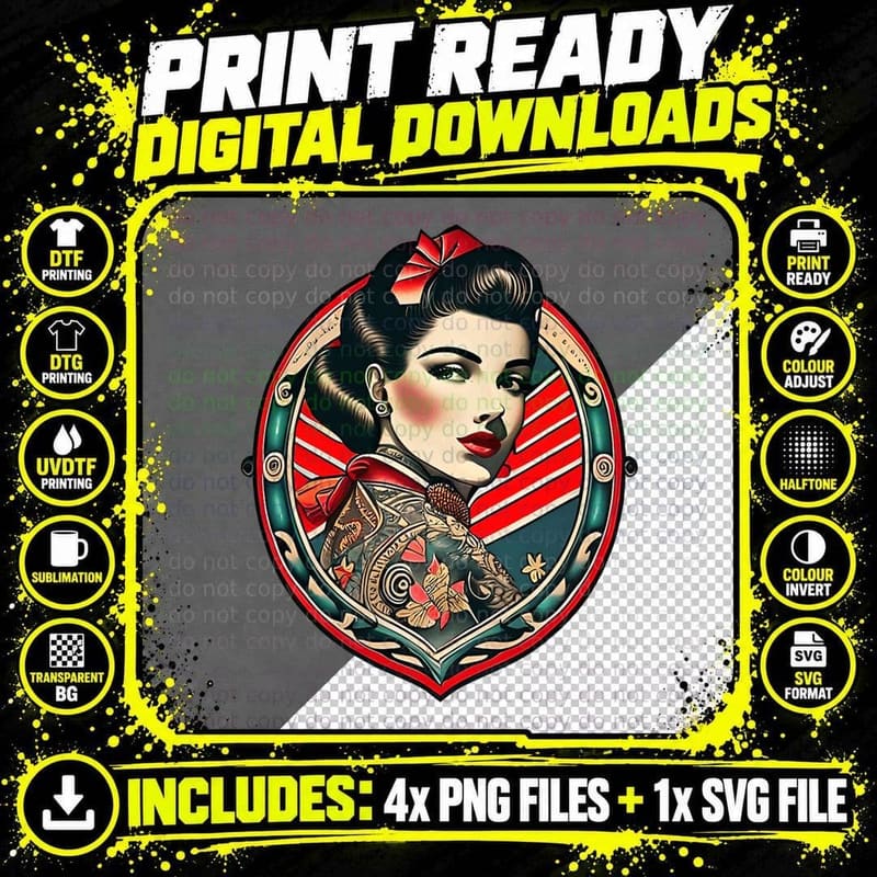 Tattooed Pin-Up Girl T-Shirt, Vintage Americana Style Png SVG Digital Bundle