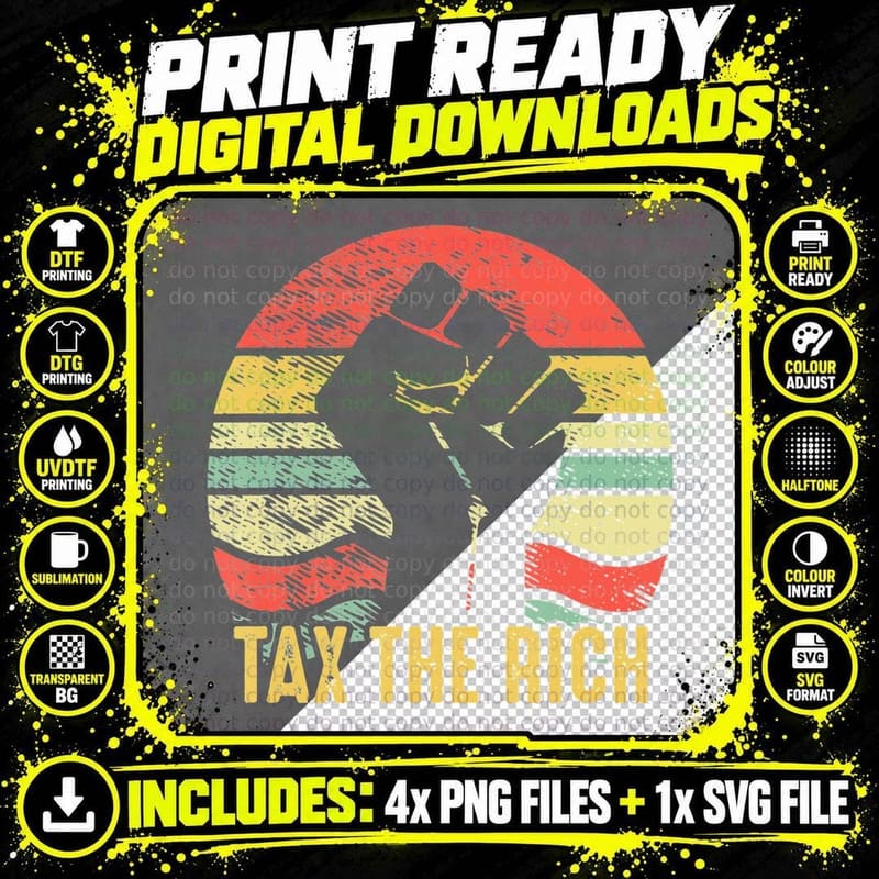 Tax the Rich Raised Fist Retro Sunset Png SVG Digital Bundle
