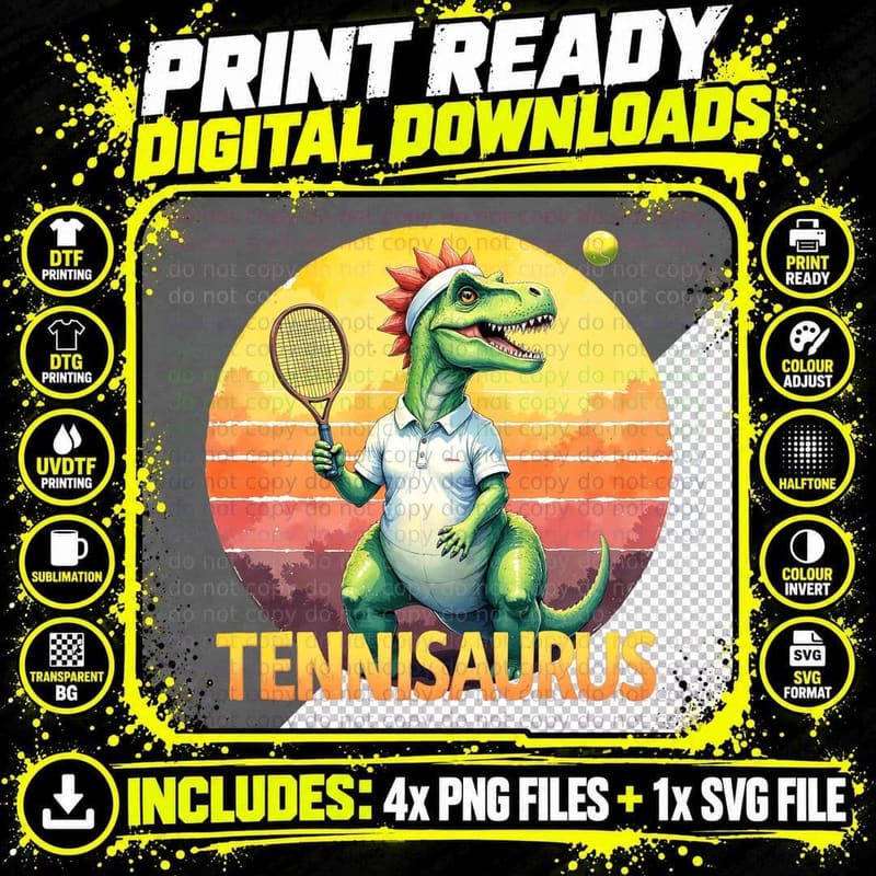Tennisaurus Shirt, Retro Sports Fan Birthday Gift Idea Png SVG Digital Bundle