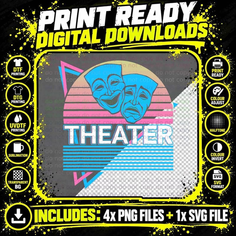 Theater Mask Retro T-Shirt, Drama Comedy Print Png SVG Digital Bundle