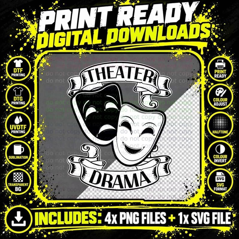 Theatre Drama Masks T-Shirt, Vintage Theater Print Png SVG Digital Bundle