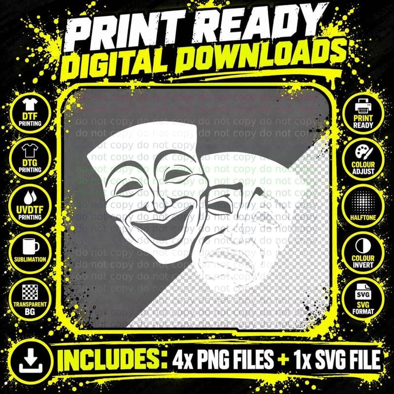 Theatre Masks T-Shirt, Vintage Retro Design Png SVG Digital Bundle