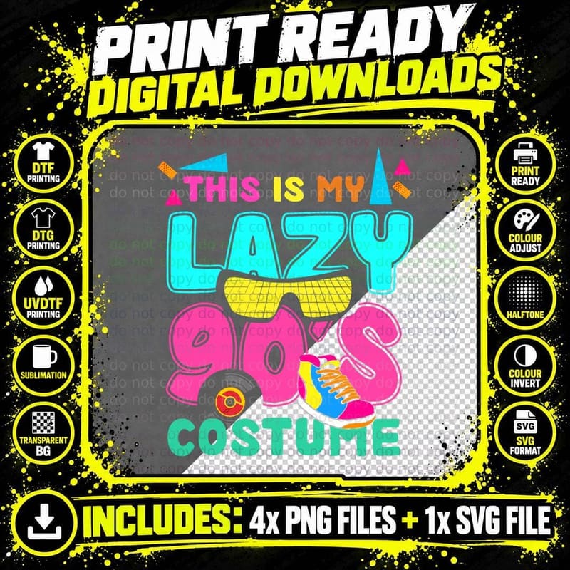 This Is My Lazy 90S Costume, Neon Retro Typography Png SVG Digital Bundle