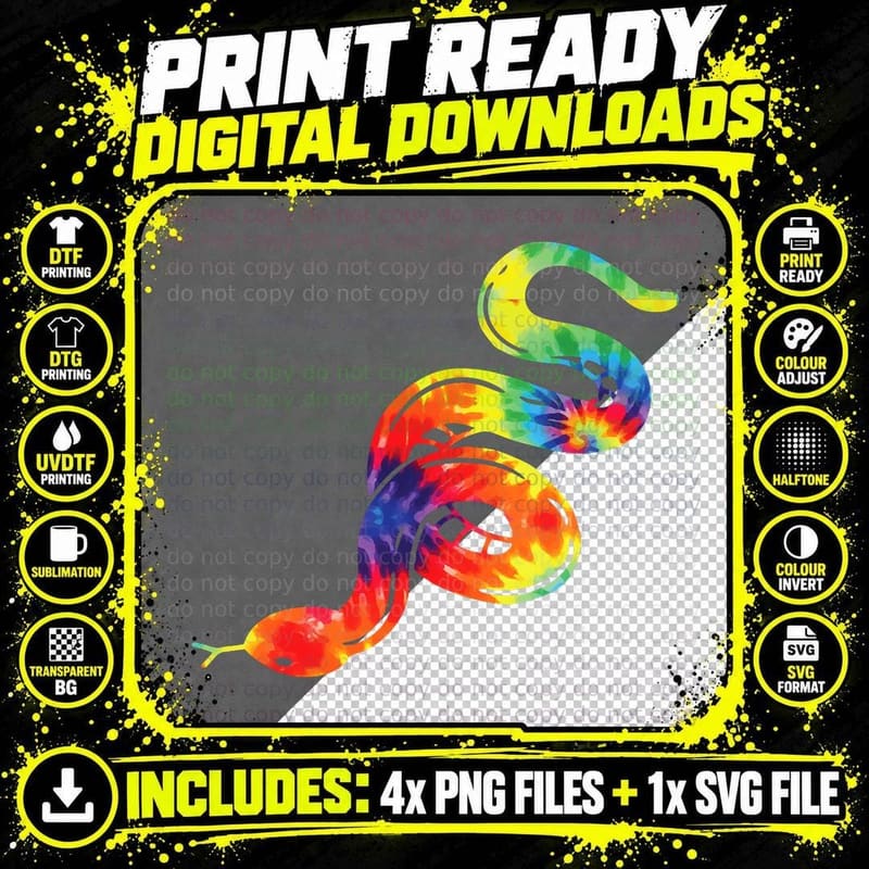 Tie Dye Snake Serpent T-Shirt, 80s 90s Retro Style Png SVG Digital Bundle