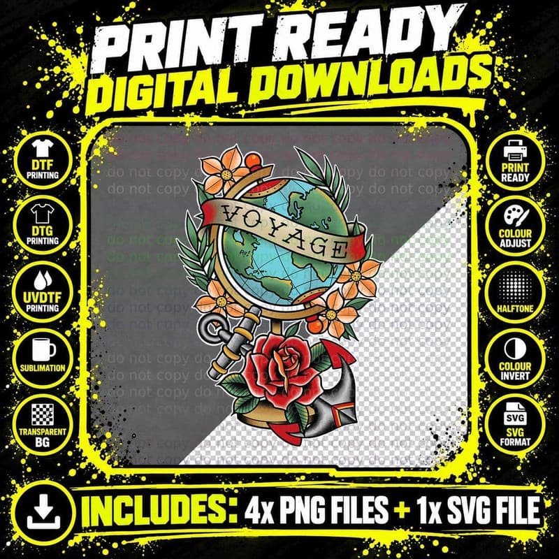 Traditional Tattoo Voyage Illustration T-Shirt Png SVG Digital Bundle