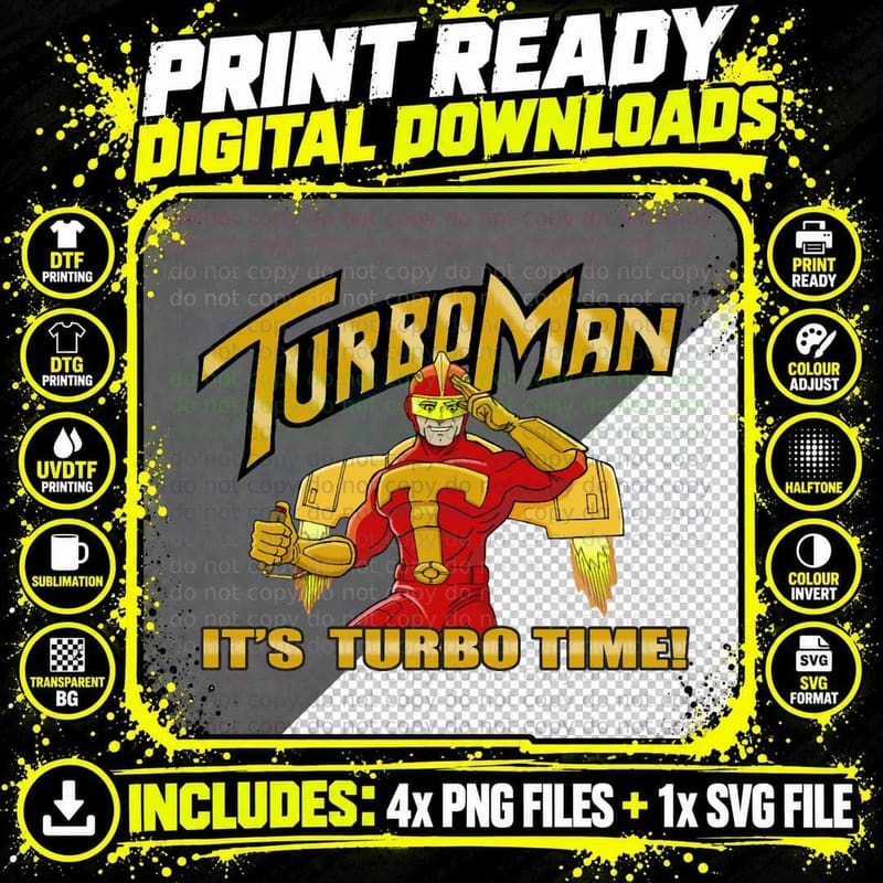 Turboman It's Turbo Time T-Shirt, Classic 90S Superhero Png SVG Digital Bundle