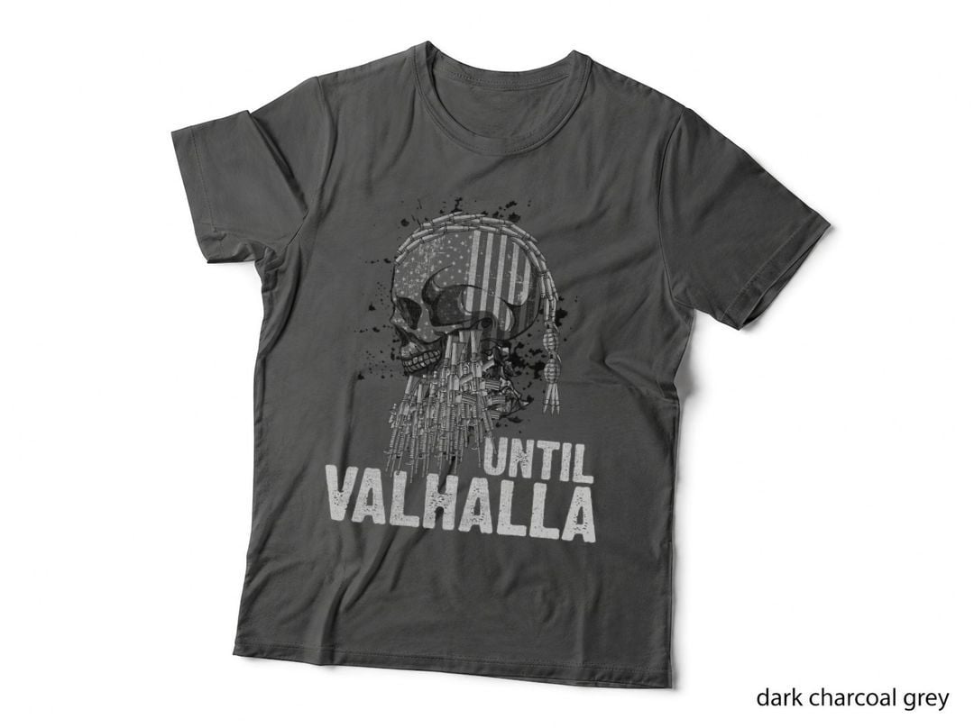 Until Valhalla Skull T-Shirt, Viking Us Flag, Weapon-Beard Graphic