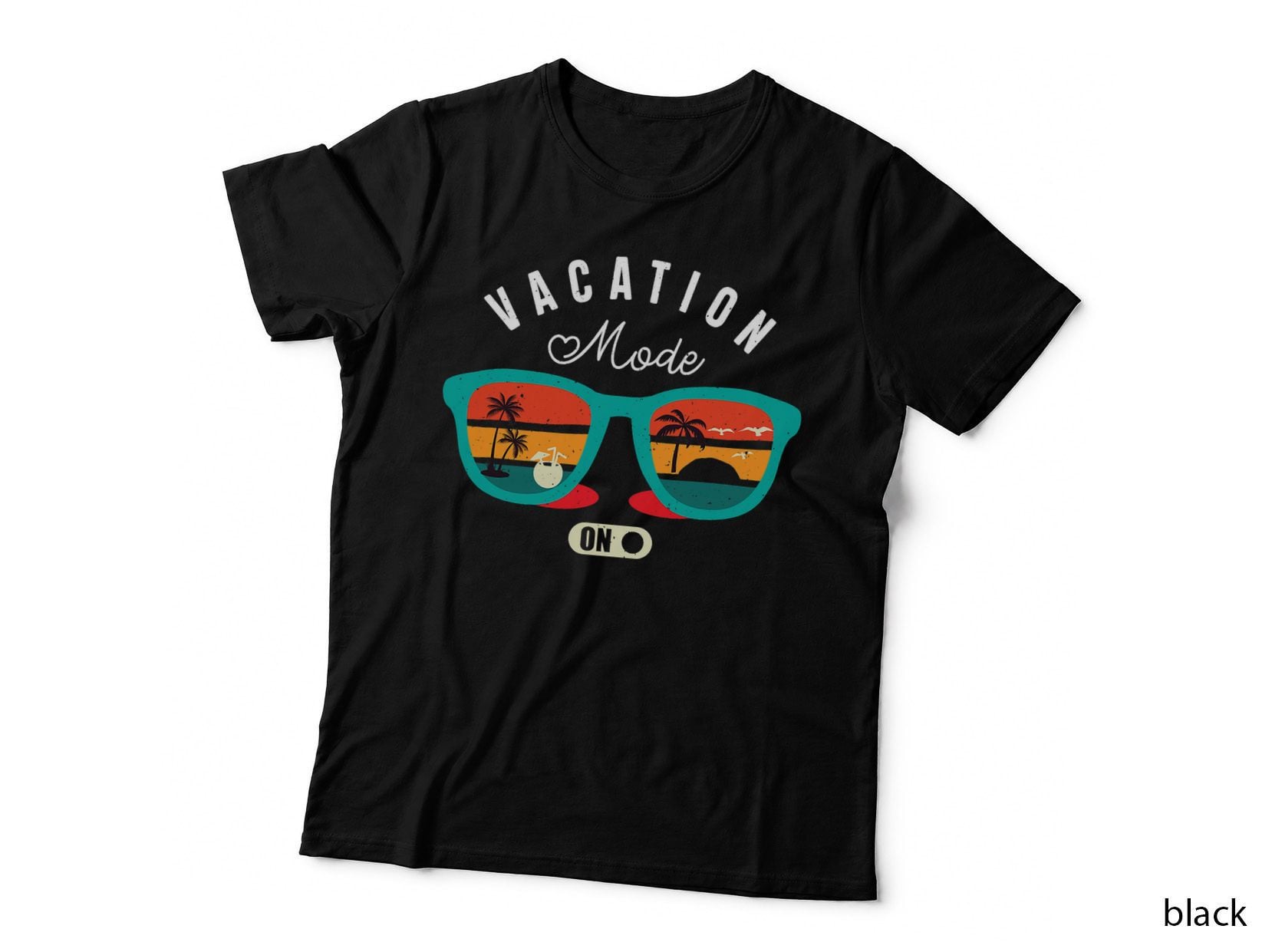 Vacation Mode on T-Shirt, Retro Sunglasses Palm Tree Beach Scene, Summer