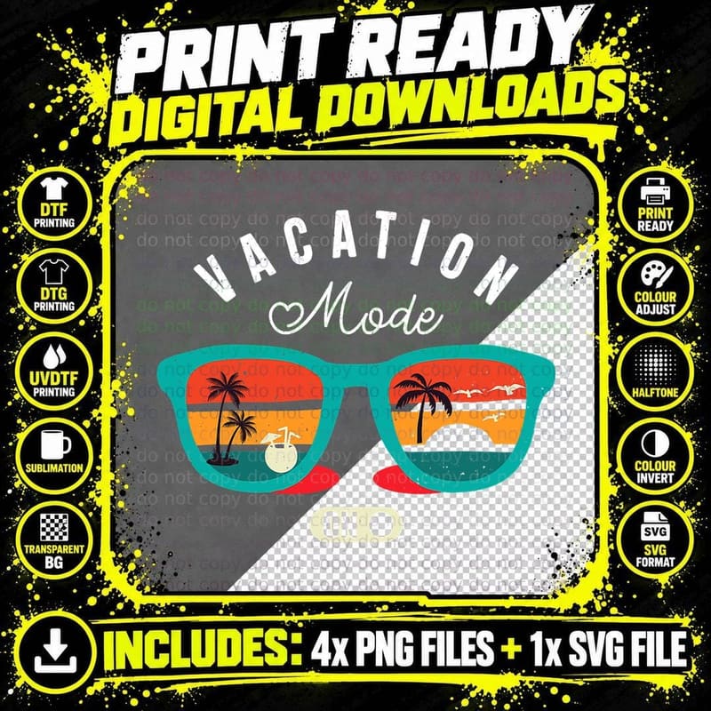 Vacation Mode on T-Shirt, Retro Sunglasses Palm Tree Png SVG Digital Bundle