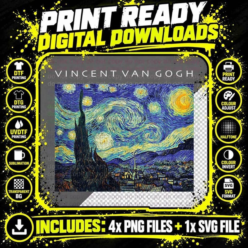 Van Gogh Starry Night T-Shirt, Swirling Painted Sky Png SVG Digital Bundle