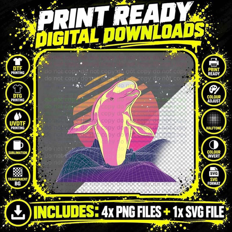 Vaporwave Ocean Mammal Sea Creature Retro Beluga Whale Png SVG Digital Bundle