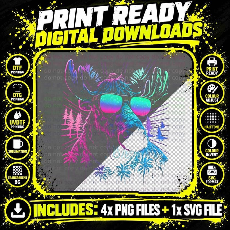 Vaporwave Synthwave Moose in Sunglasses 80s Eighties Png SVG Digital Bundle