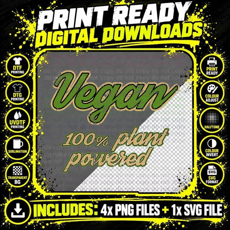 Vegan - 100 Plant Powered - Distressed Vintage Retro Png SVG Digital Bundle