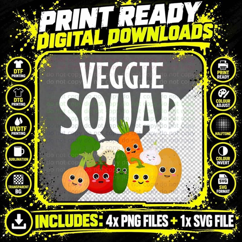 Veggie Squad Retro Vegetable Vegan Vegetarian T-Shirt Png SVG Digital Bundle