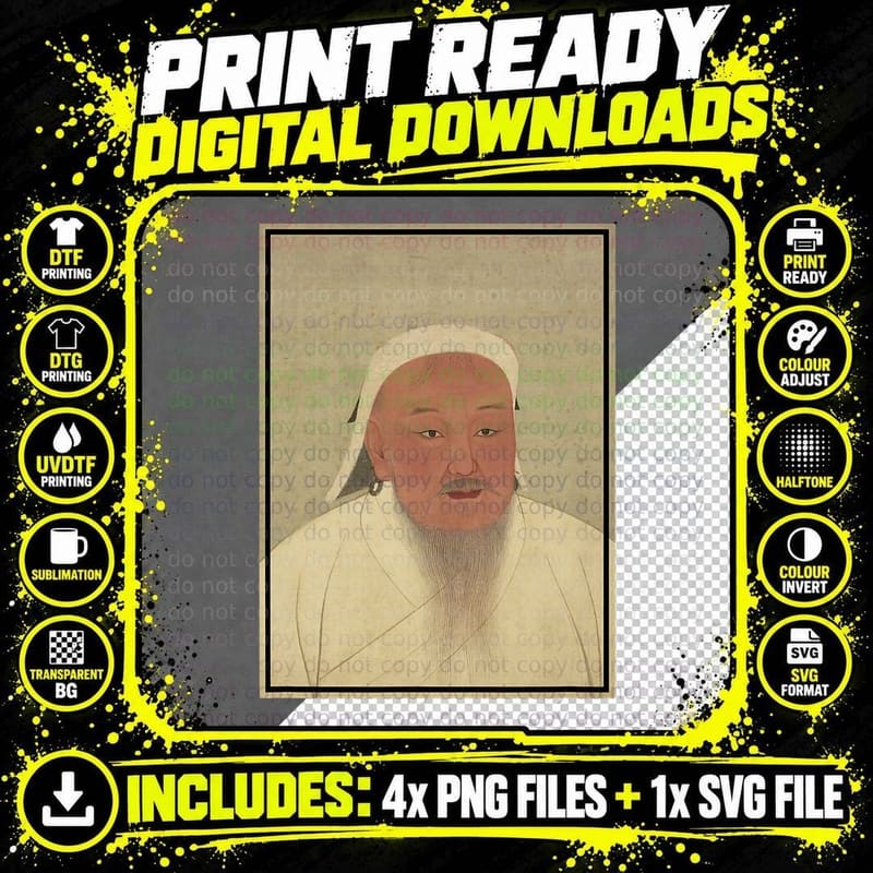Vintage Genghis Khan Painting Portrait - 14th Century Png SVG Digital Bundle