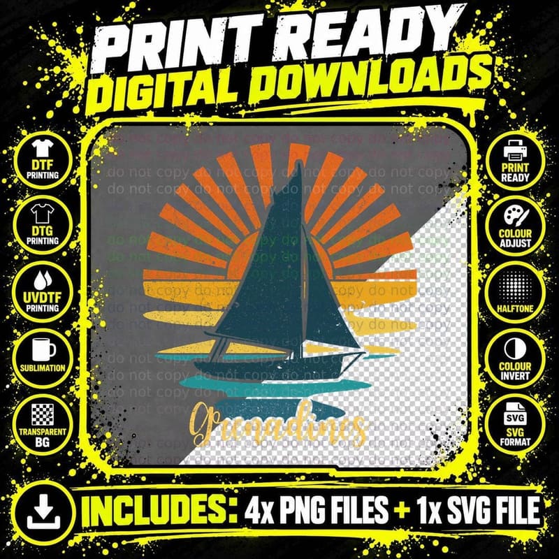 Vintage Grenadines, Caribbean Sunset Sailing T-Shirt Png SVG Digital Bundle