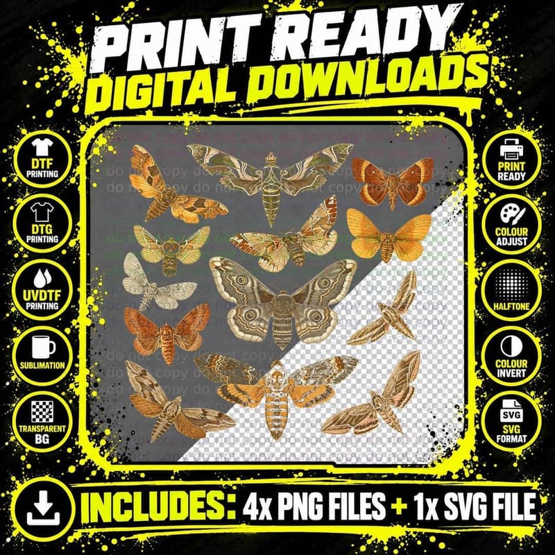 Vintage Moth Collection Muted T-Shirt Entomology Png SVG Digital Bundle