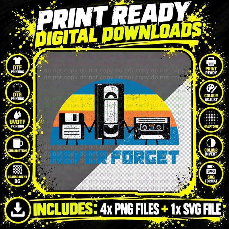 Vintage Never Forget I Audio Video Cassette Disc VHS Png SVG Digital Bundle