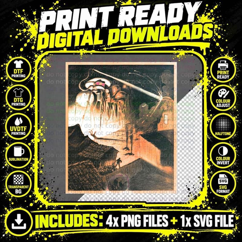 Vintage Sci Fi Art Aliens Attack of Worlds Space Radio Png SVG Digital Bundle