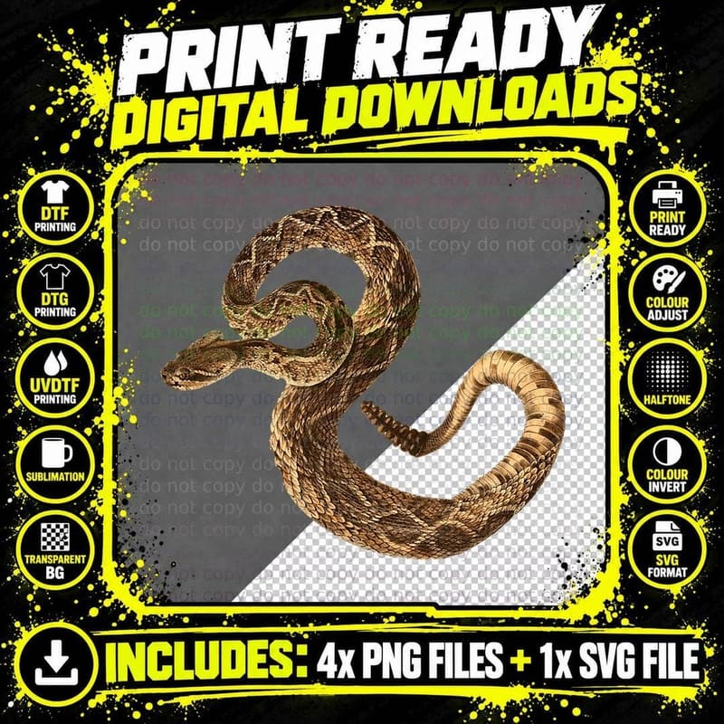 Vintage Snake Eastern Diamondback Rattlesnake Rattler Png SVG Digital Bundle