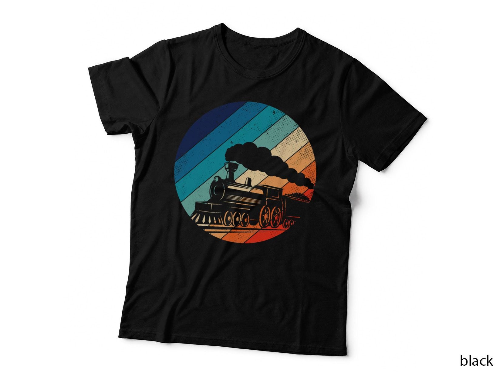 Vintage Steam Locomotive T-Shirt, Retro Sunset Stripe Circle, Railroad Fan