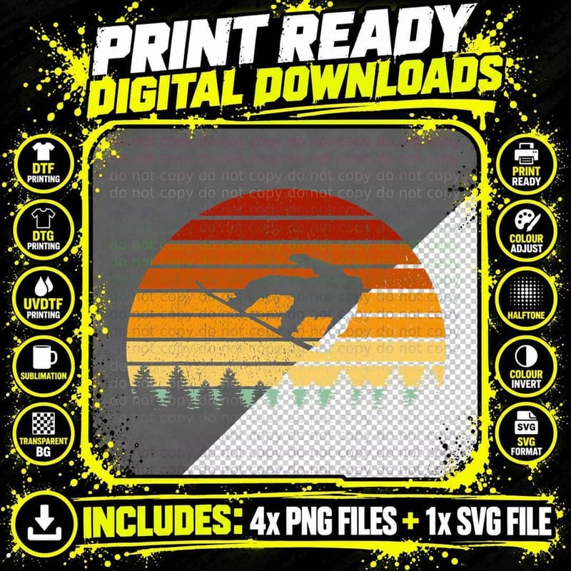 Vintage Sunset Snowboarding T-Shirt, Retro Style Png SVG Digital Bundle