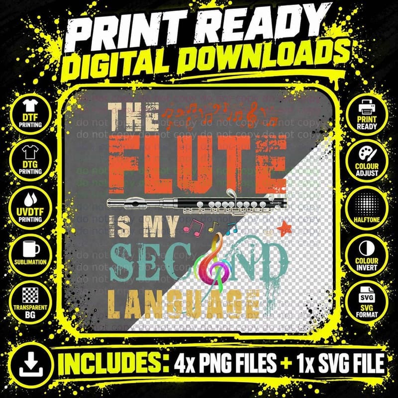 Vintage the Flute Is My Second Language Instrumentalist Png SVG Digital Bundle