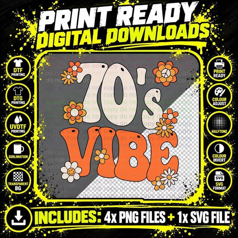 70's Vibe Costume 70s Party Outfit Groovy Hippie Peace Png SVG Digital Bundle