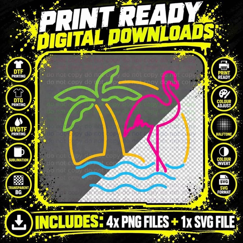 80s Vintage Miami Retro Neon Pink Flamingo T-Shirt Png SVG Digital Bundle