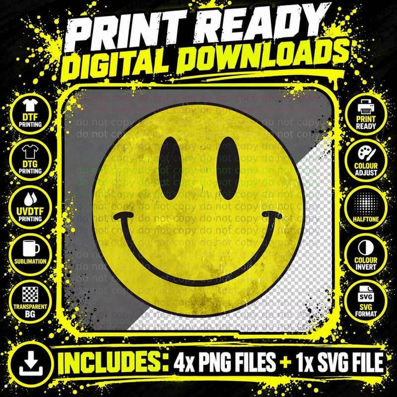 Acid House Smile, Distressed T-Shirt Png SVG Digital Bundle