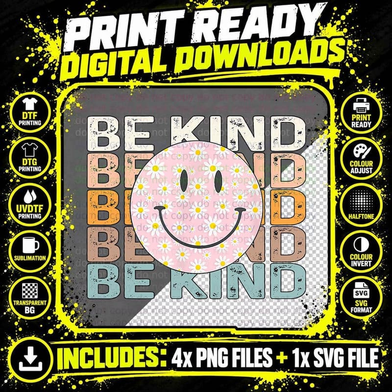 Be Kind Vintage Retro Cute Smile Face Orange Unity Day Png SVG Digital Bundle