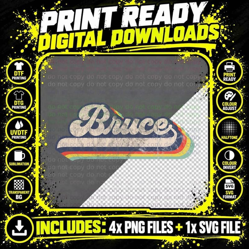 Bruce Name Personalized Vintage Retro Men Women Kids Png SVG Digital Bundle