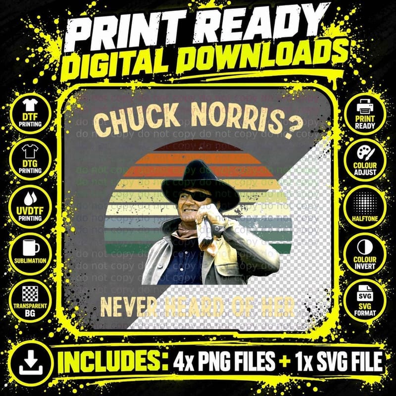 Chuck Norris Never Heard of Her Vintage Retro John Png SVG Digital Bundle
