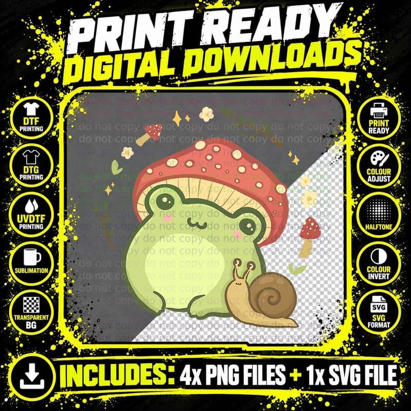 Cottagecore Aesthetic Frog, Snail Cute Vintage T-Shirt Png SVG Digital Bundle
