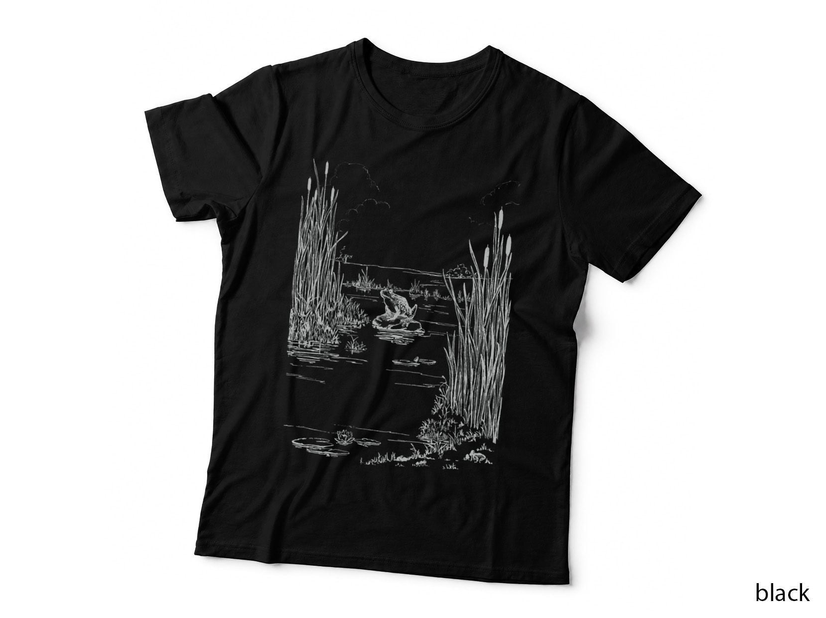 Cute Vintage Cottagecore Aesthetic Frog Sitting by the Pond Thinking T-Shirt