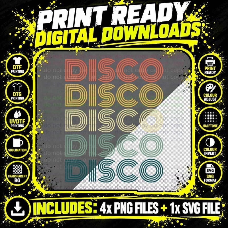 Disco Themed, Funky Vintage 70s 80s for Dance Parties Png SVG Digital Bundle