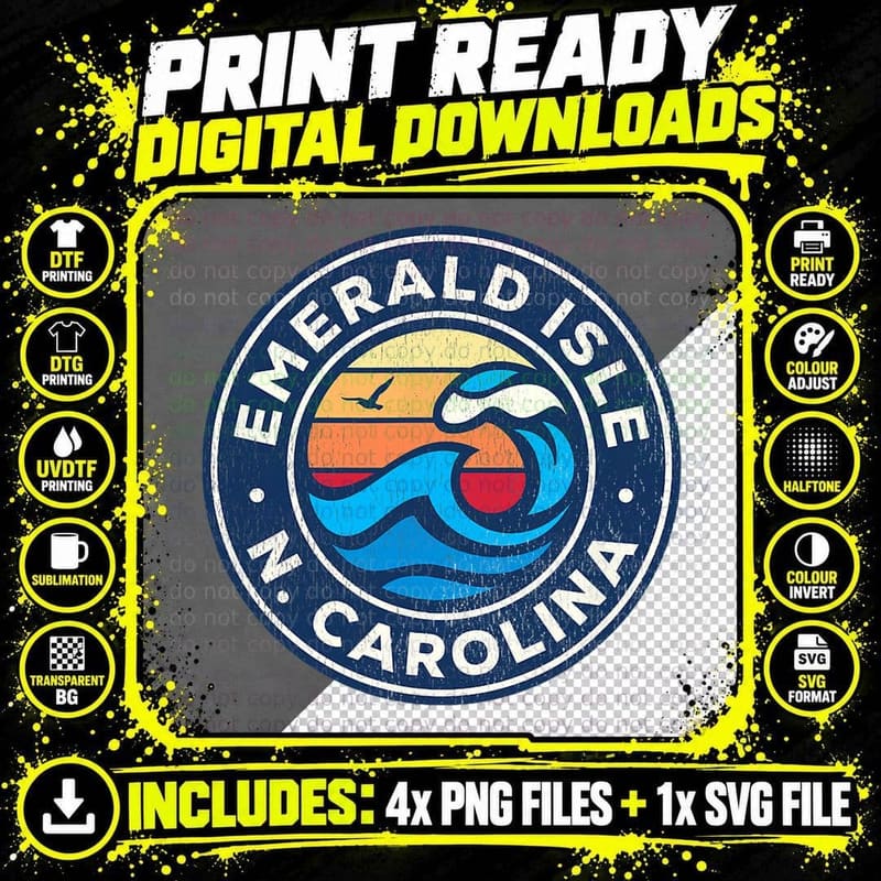 Emerald Isle North Carolina NC Vintage Nautical Waves Png SVG Digital Bundle