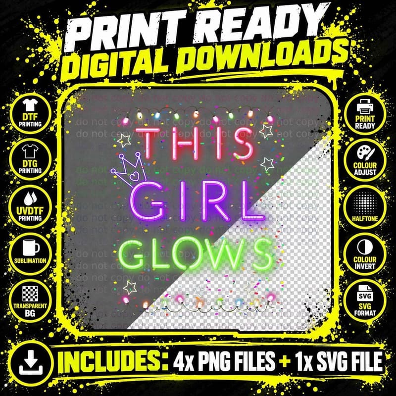 Glow Shirt This Girl Glows Retro 80's Party Girl 80s Png SVG Digital Bundle