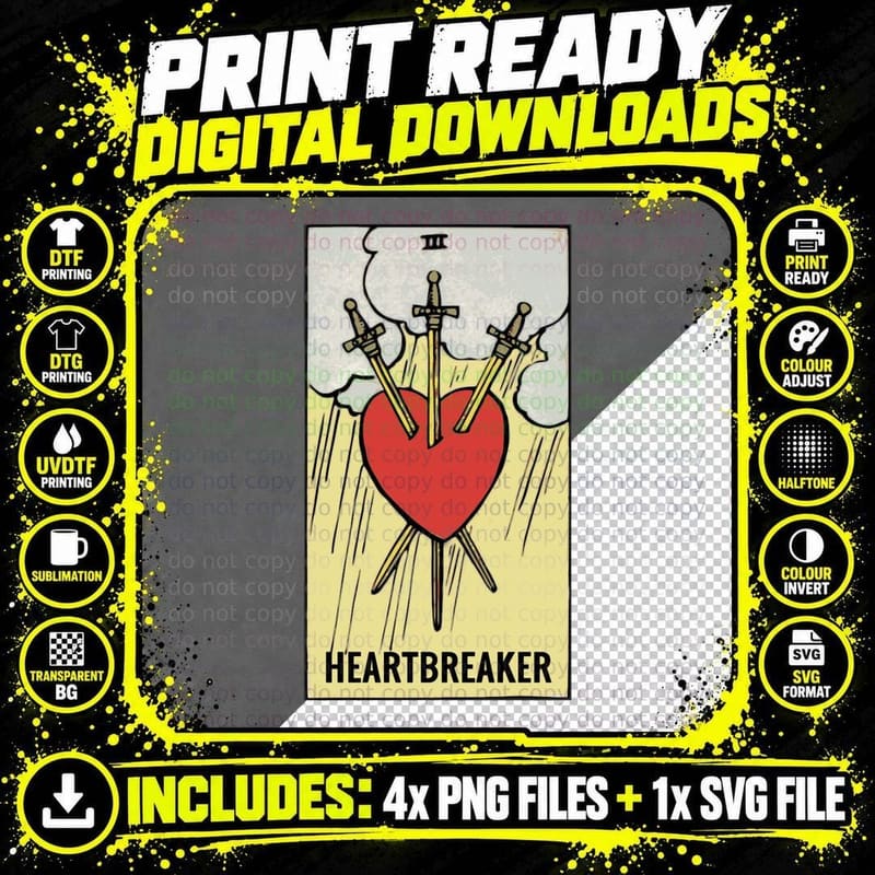 Heartbreaker Swords Tarot Card Heart Minor Arcana Png SVG Digital Bundle