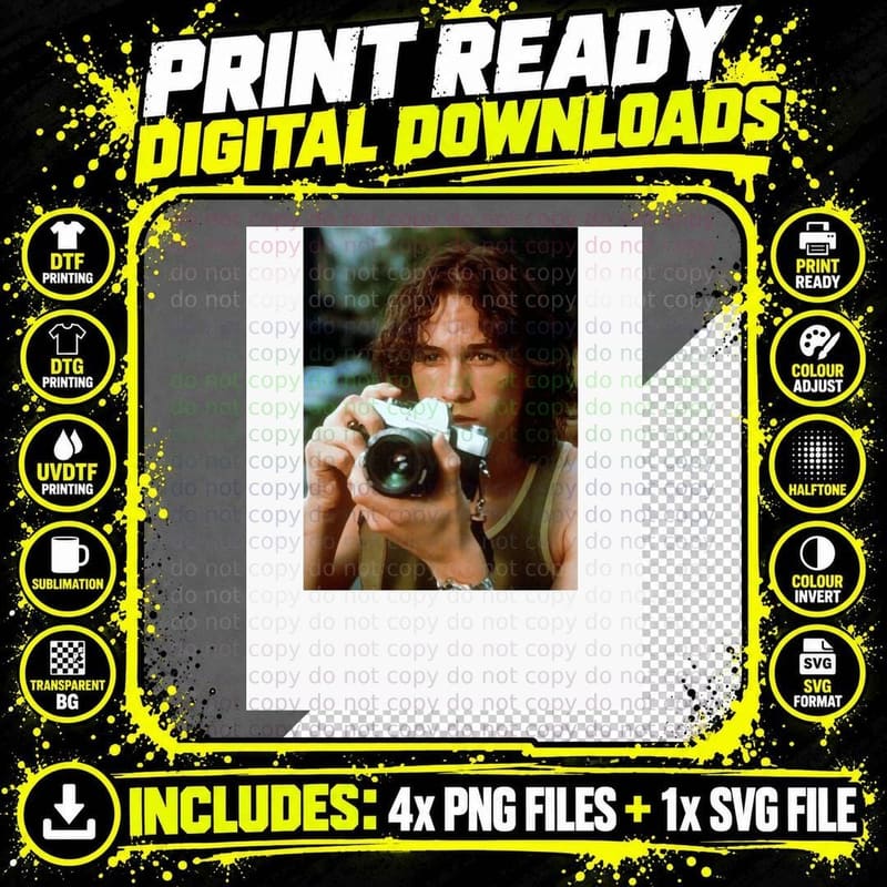 Heath Ledger with Vintage Camera White Background T-Shirt Png SVG Digital Bundle