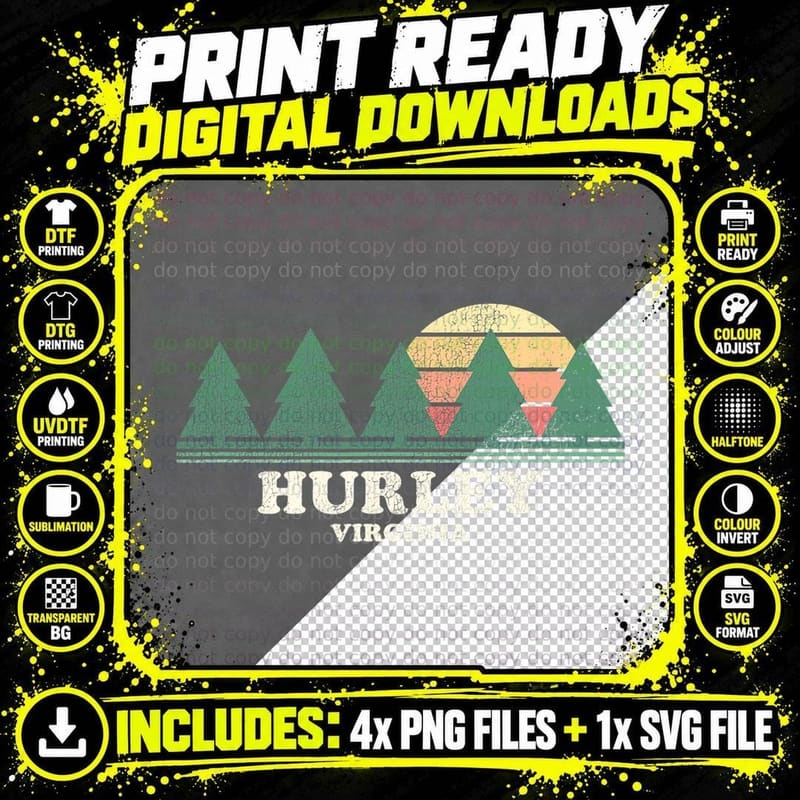 Hurley VA Vintage Throwback Tee Retro 70s Design T-Shirt Png SVG Digital Bundle