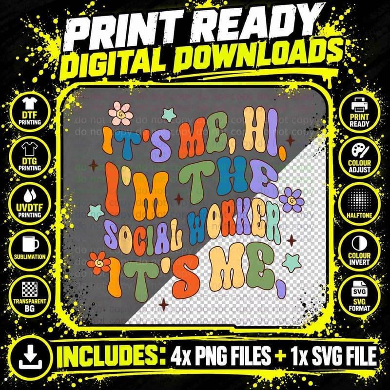 It's Me Hi I'm the Social Worker It's Me Groovy T-Shirt Png SVG Digital Bundle