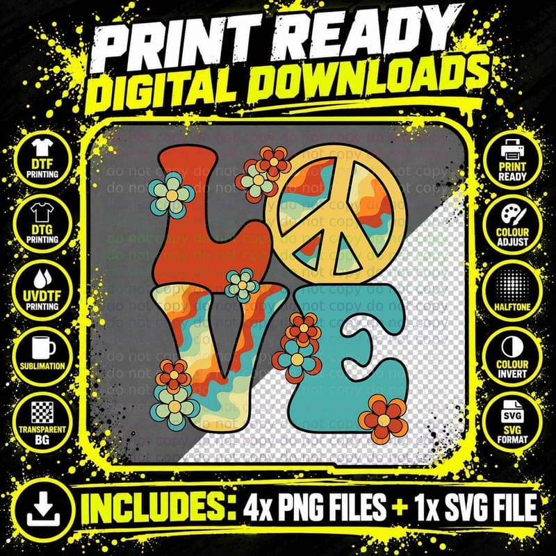 Love Peace Sign 60's 70's Costume Party Outfit Groovy Png SVG Digital Bundle