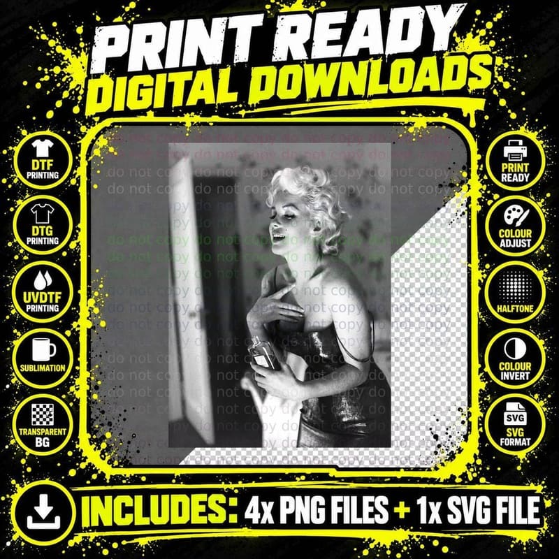 Marilyn Monroe Applying Perfume, Black and White Vintage Png SVG Digital Bundle